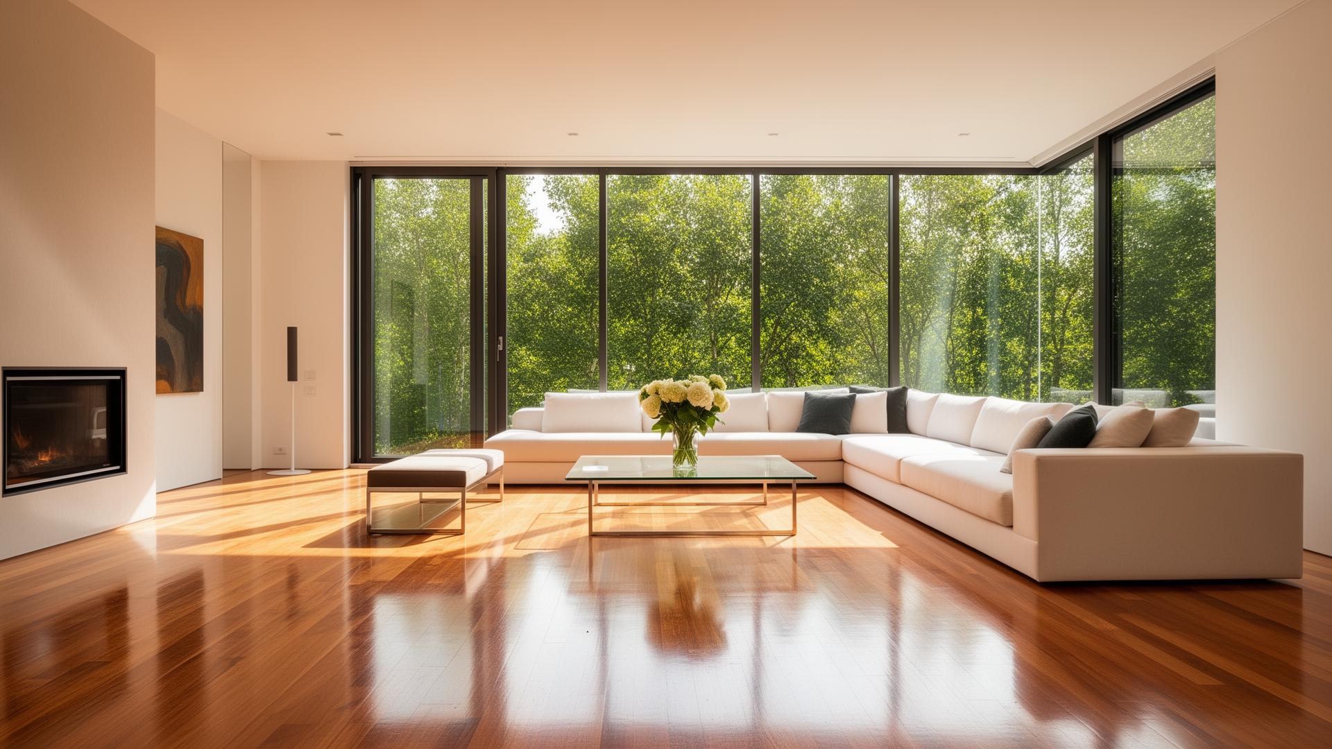 Beautifully maintained living room with pristine hardwood floors